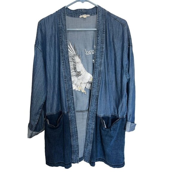Eileen Fisher Open-Front Jacket Embroidered Bald Eagle & "Land Of The Free" Sz M - Picture 2 of 10
